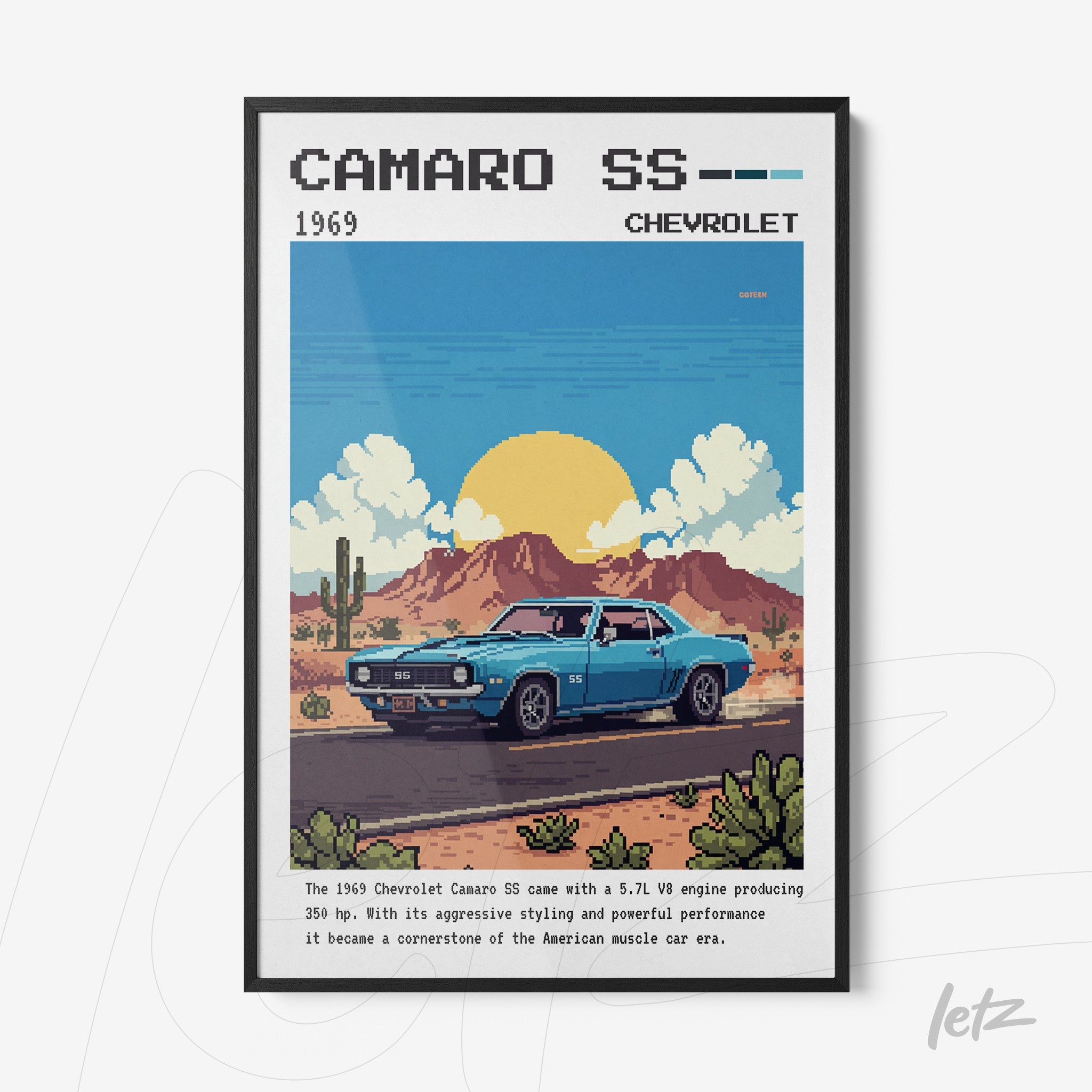 quadro com arte digital de um Camaro SS 1969 em fundo desertico, com moldura preta