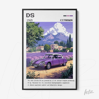 quadro com arte digital do carro clássico Citroën DS em uma paisagem com montanhas ao fundo