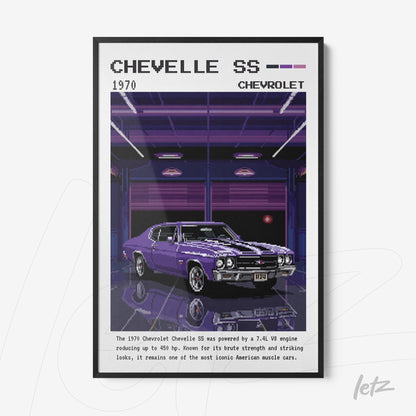 quadro com arte digital do carro Chevelle SS de 1970 em moldura preta