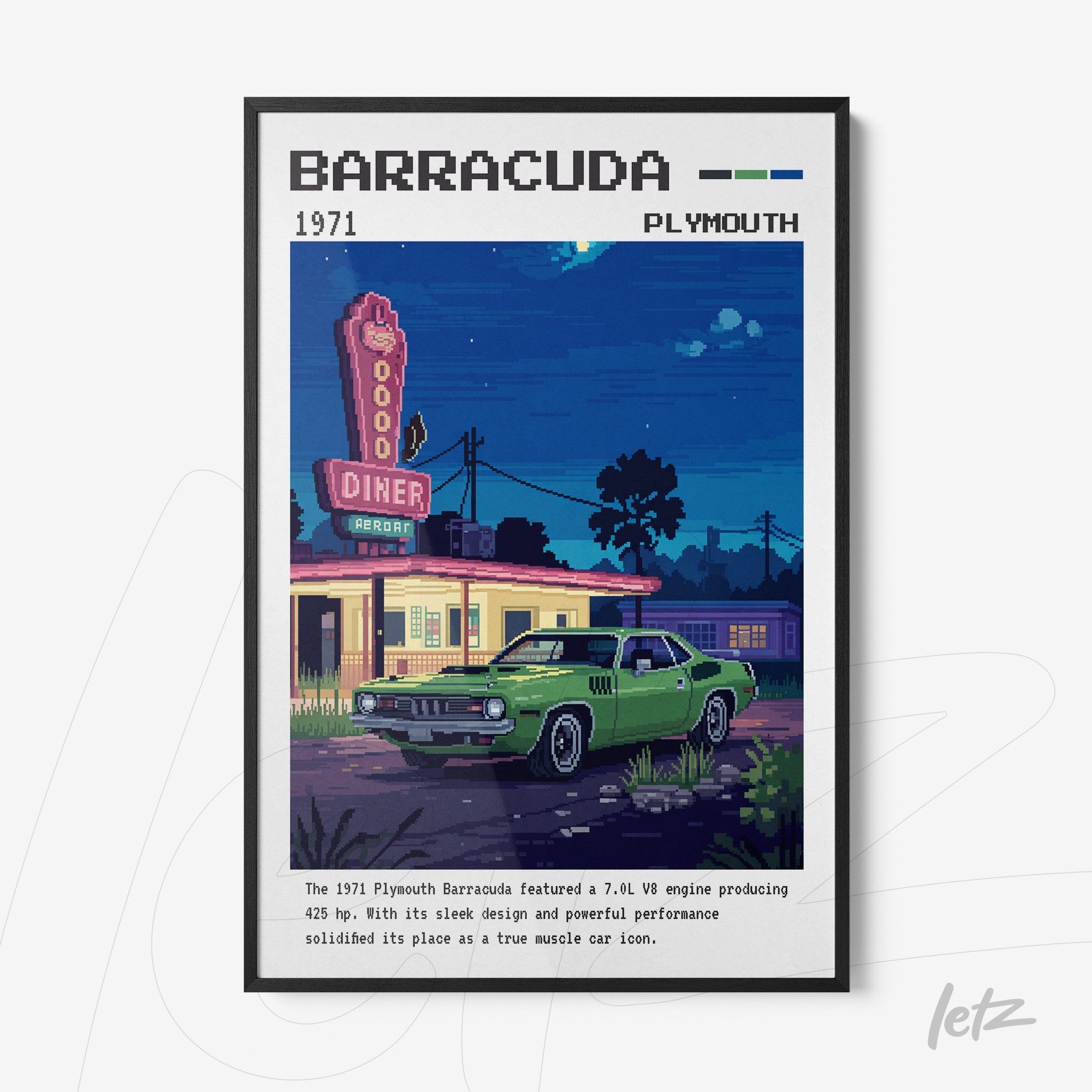 quadro com arte digital retrô de um carro Plymouth Barracuda verde em frente a um diner na década de 1970, moldura preta