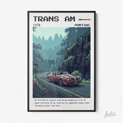 quadro com arte retrô do carro Pontiac Trans Am de 1978 em moldura preta, com fundo de montanha e estrada