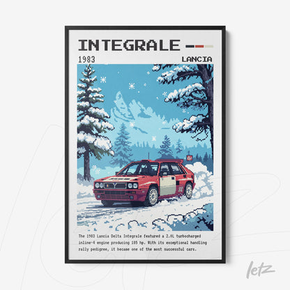 quadro com arte pixelada de um carro Lancia Delta Integrale em cenário nevado com árvores ao fundo e moldura preta