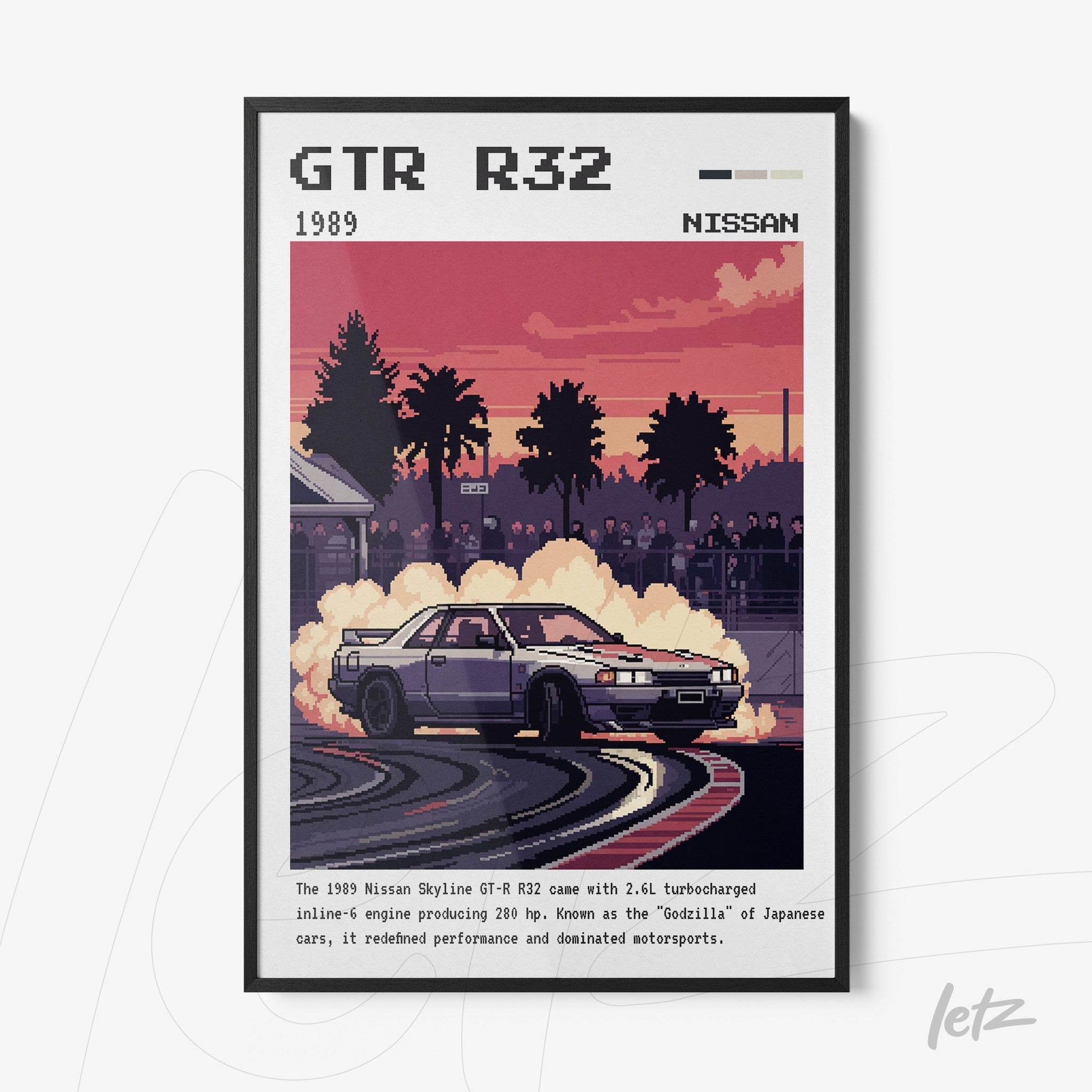 quadro com arte retro de um carro Nissan Skyline GT-R R32 em uma cena de corrida, com fundo de pôr do sol e uma moldura preta