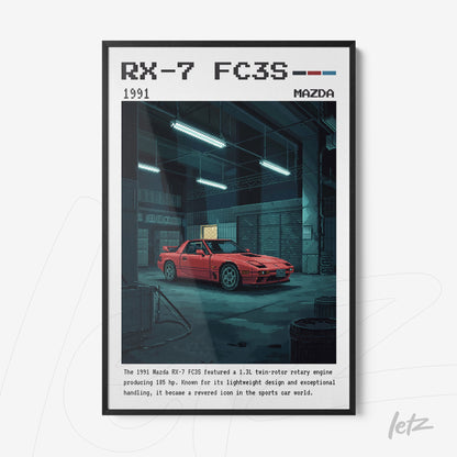 quadro com arte digital do carro Mazda RX-7 FC3S em moldura preta, destacando detalhes da garagem e estilo retro