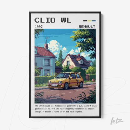 quadro com ilustração em estilo retrô do carro Renault Clio Williams amarelo em uma cena urbana, com moldura preta