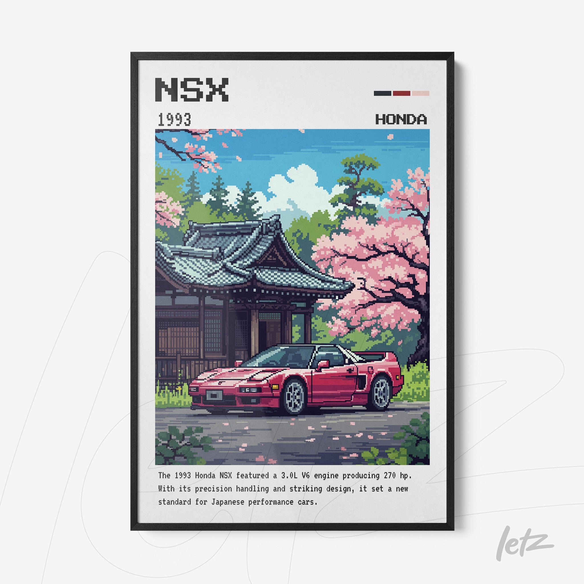 quadro com arte digital no estilo pixel art de um carro Honda NSX de 1993 em frente a um pagode cercado por flores de cerejeira