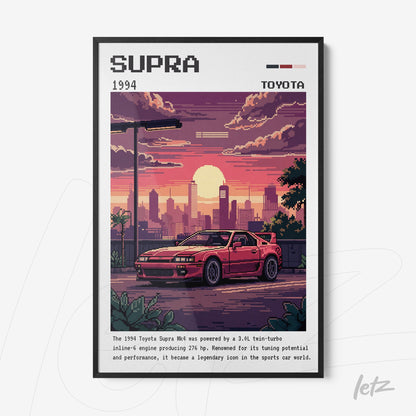 quadro com arte retrô de um carro esportivo Toyota Supra de 1994 em moldura preta
