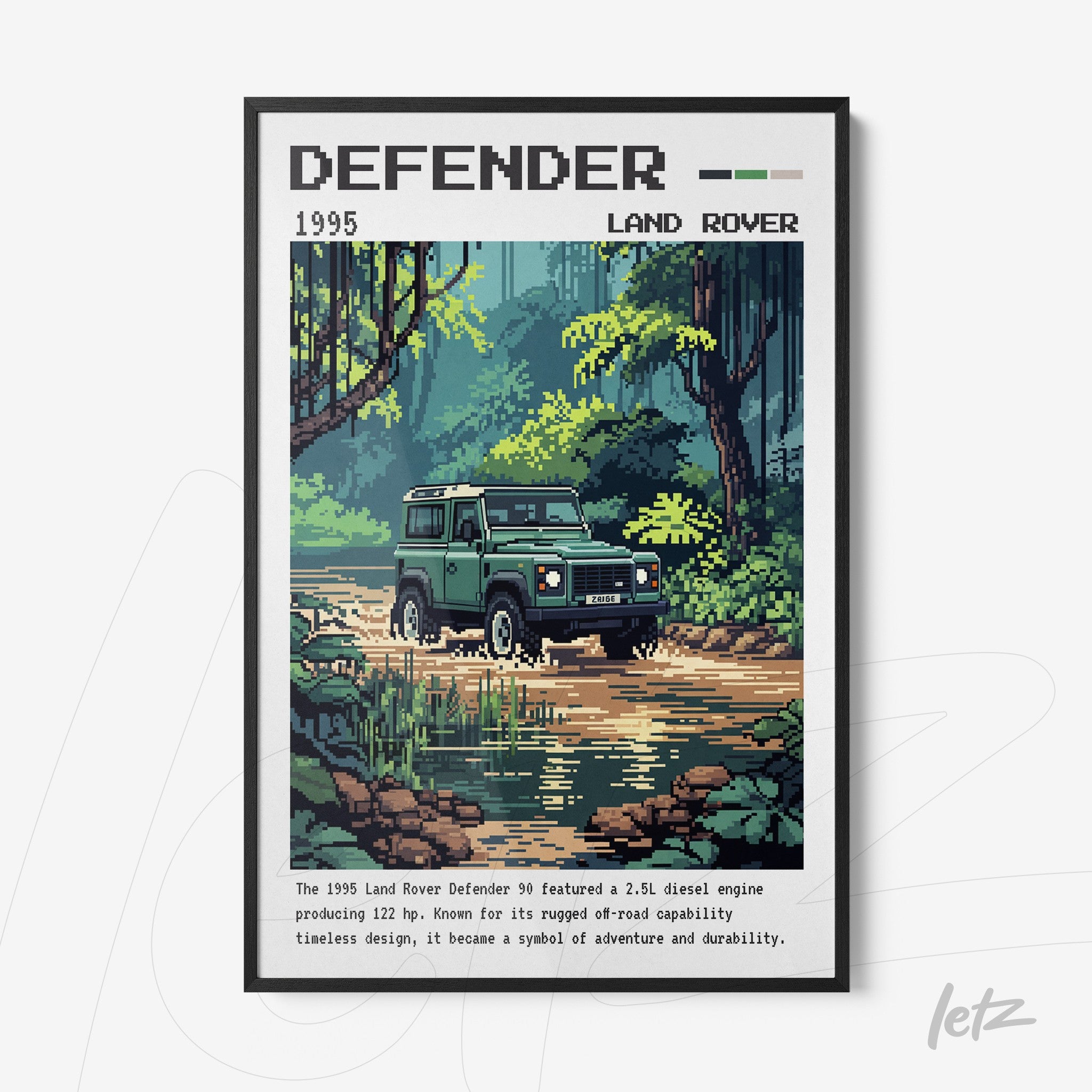 quadro com arte pixelada do Land Rover Defender 90 em meio a uma paisagem natural, destacando detalhes do carro e vegetação ao redor