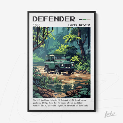 quadro com arte pixelada do Land Rover Defender 90 em meio a uma paisagem natural, destacando detalhes do carro e vegetação ao redor