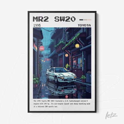 quadro com arte digital retrô de um carro esportivo Toyota MR2 1995 em uma rua chuvosa, destacando elementos de neon e arquitetura asiática