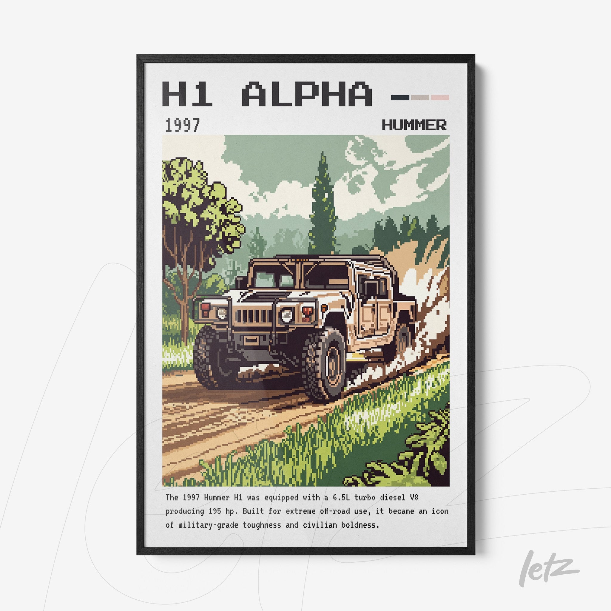 quadro com arte digital em estilo retrô de um Hummer H1 1997 em uma estrada de terra, com vegetação verde ao fundo e moldura preta