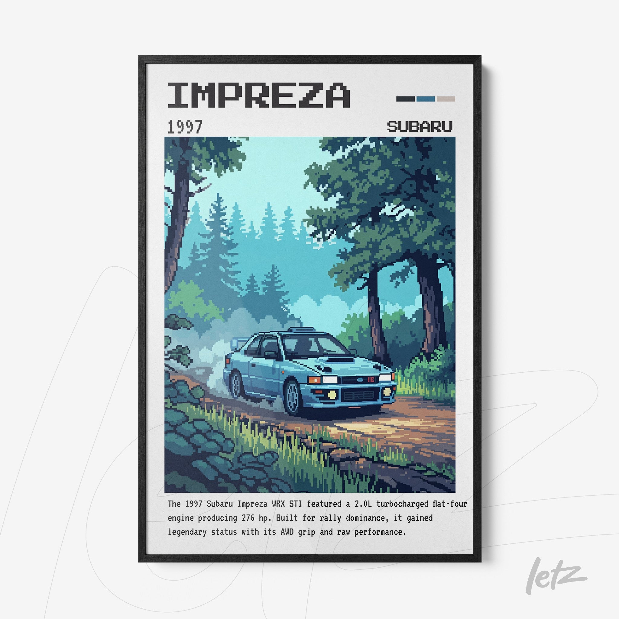 quadro emoldurado com arte pixelada de um Subaru Impreza 1997 dirigindo em uma estrada arborizada