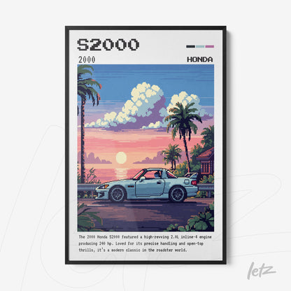 quadro com arte pixelada da Honda S2000 em moldura preta com fundo tropical ao pôr do sol