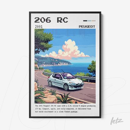 quadro com arte digital do Peugeot 206 RC em uma estrada costeira, moldura preta