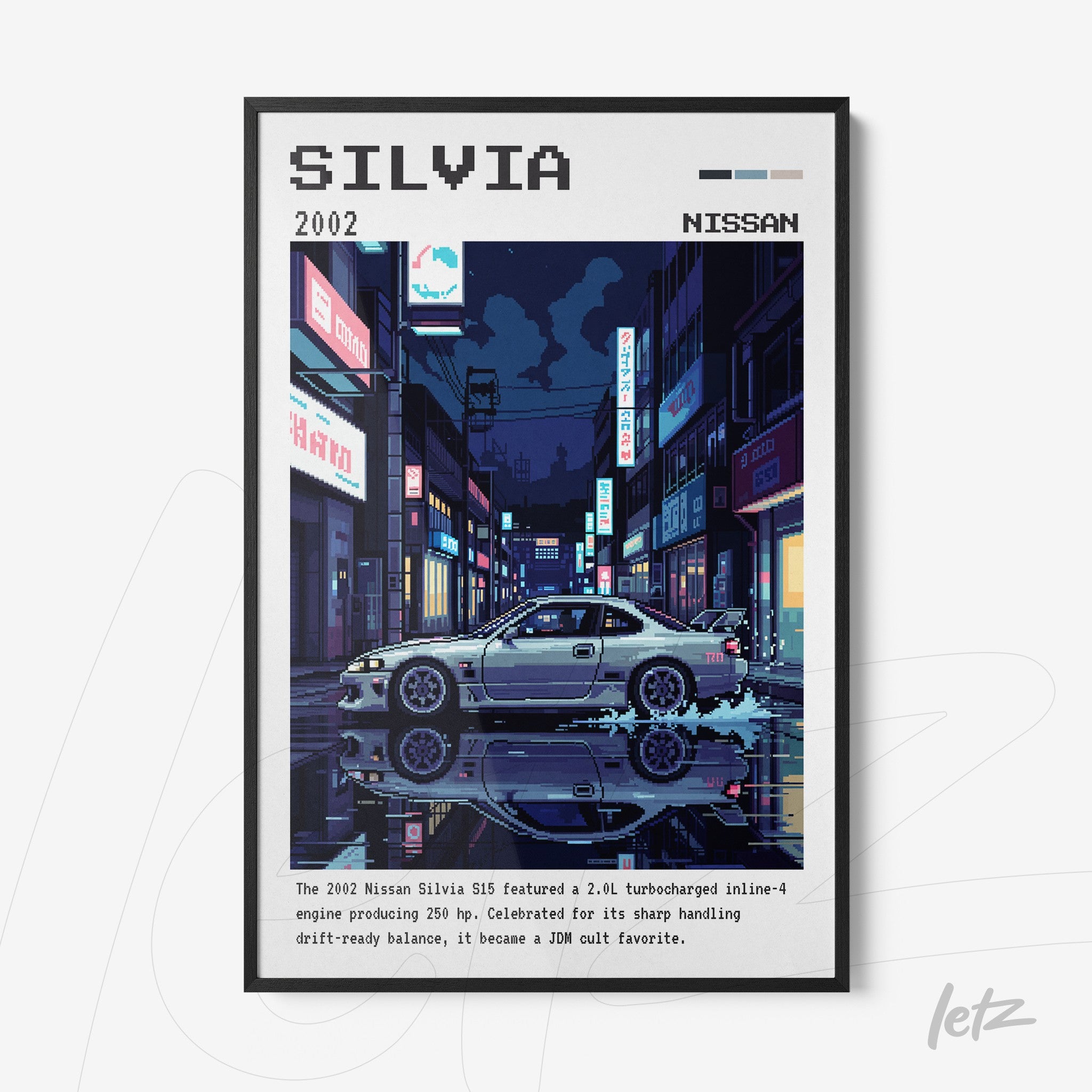 quadro com arte digital de um carro Nissan Silvia 2002 em uma rua iluminada à noite com estilo retrô