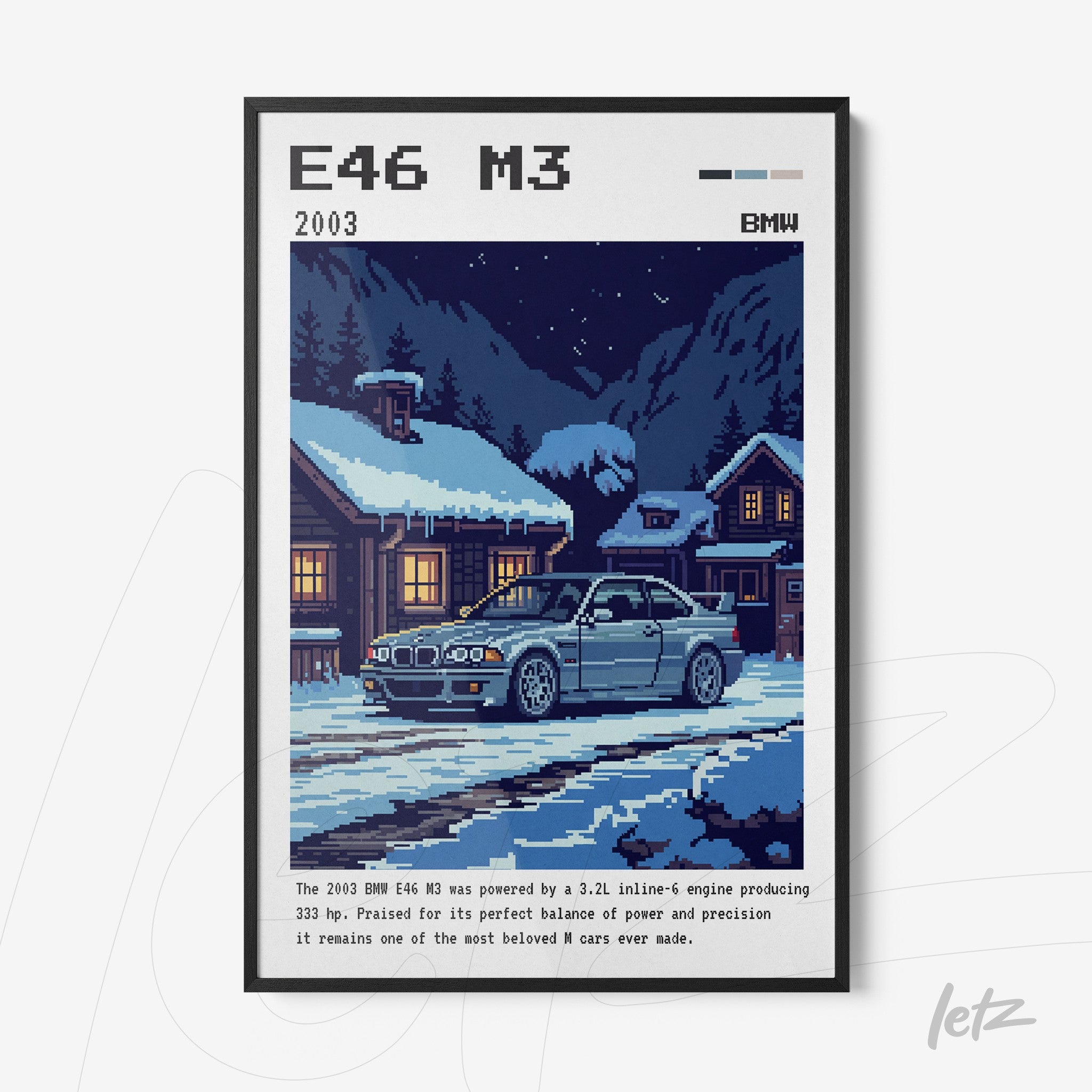 quadro com arte em pixel art do carro BMW E46 M3 em um cenário de inverno com neve e casa de madeira