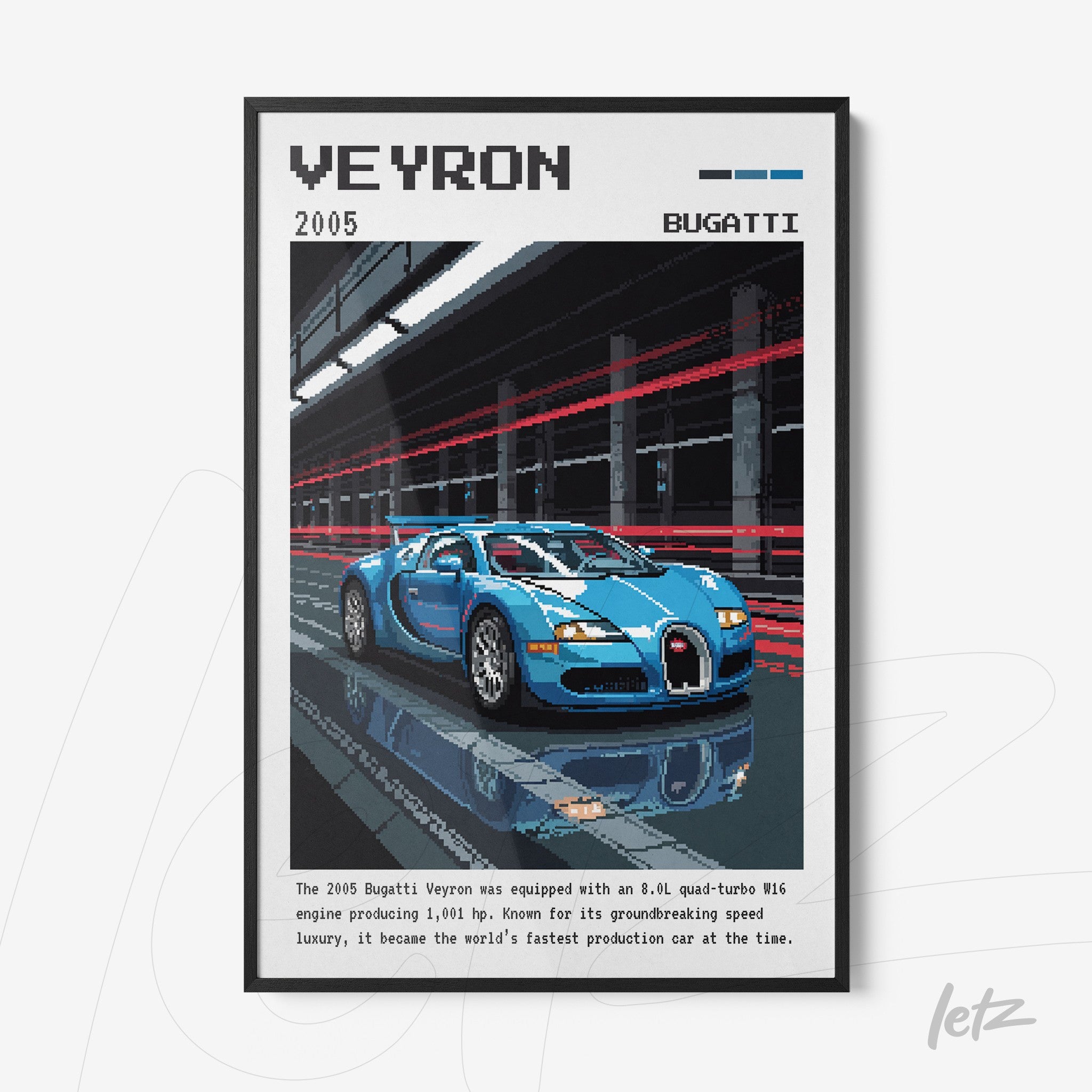 quadro com arte pixelada do carro Bugatti Veyron de 2005 em moldura preta