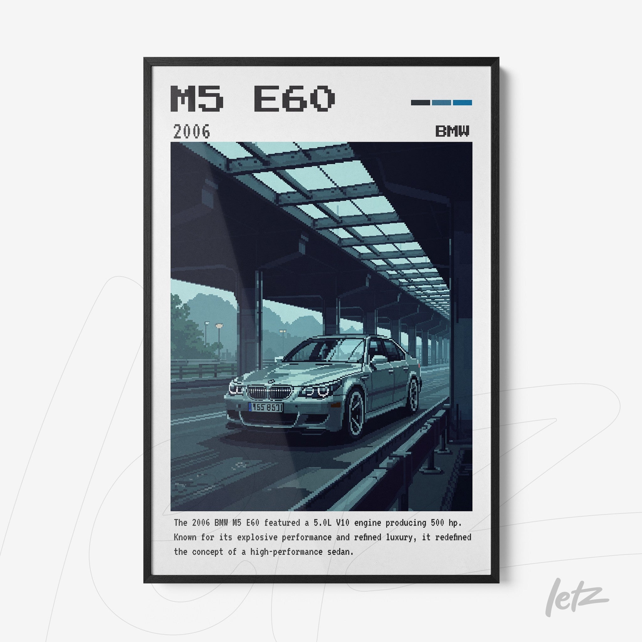 quadro com arte digital em estilo pixelado do carro BMW M5 E60, com moldura preta