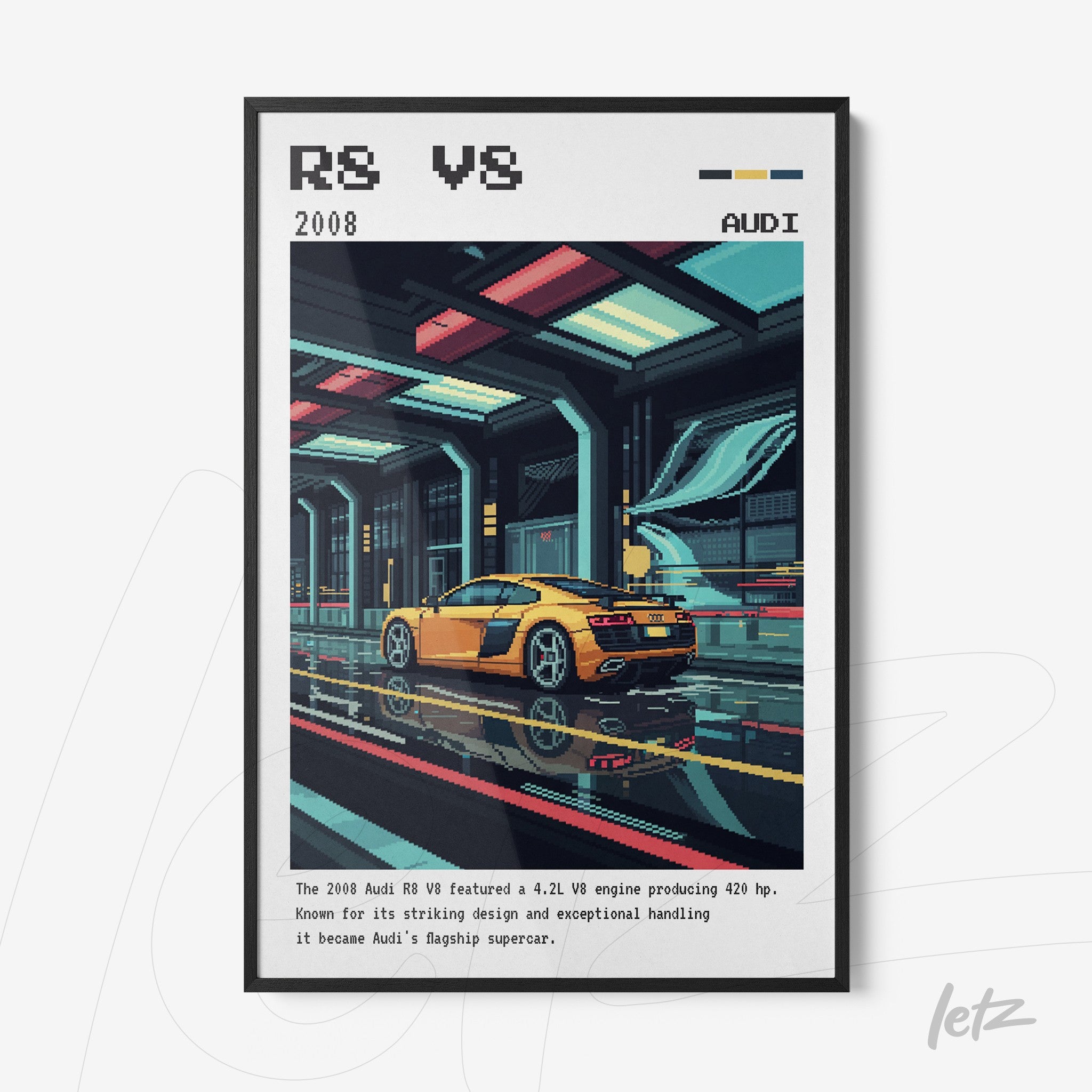 quadro com arte digital de carro esportivo Audi R8 em moldura preta com fundo futurista