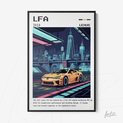 quadro com ilustração retro do carro Lexus LFA em um cenário urbano noturno com prédios iluminados