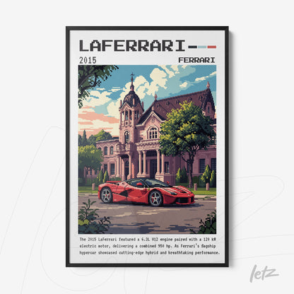 quadro com arte no estilo pixel art do carro LaFerrari em frente a uma mansão, com moldura preta