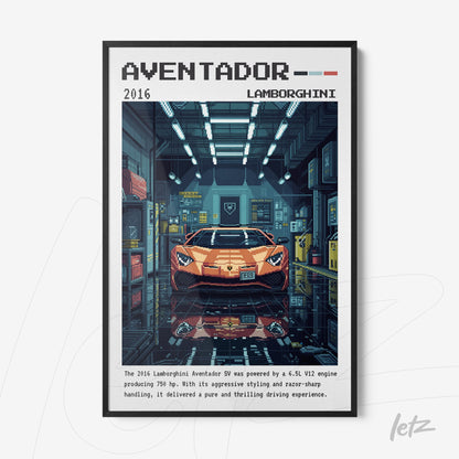 quadro emoldurado com arte pixelada de um Lamborghini Aventador laranja em uma garagem, detalhes em fundo azul e elementos de design retro