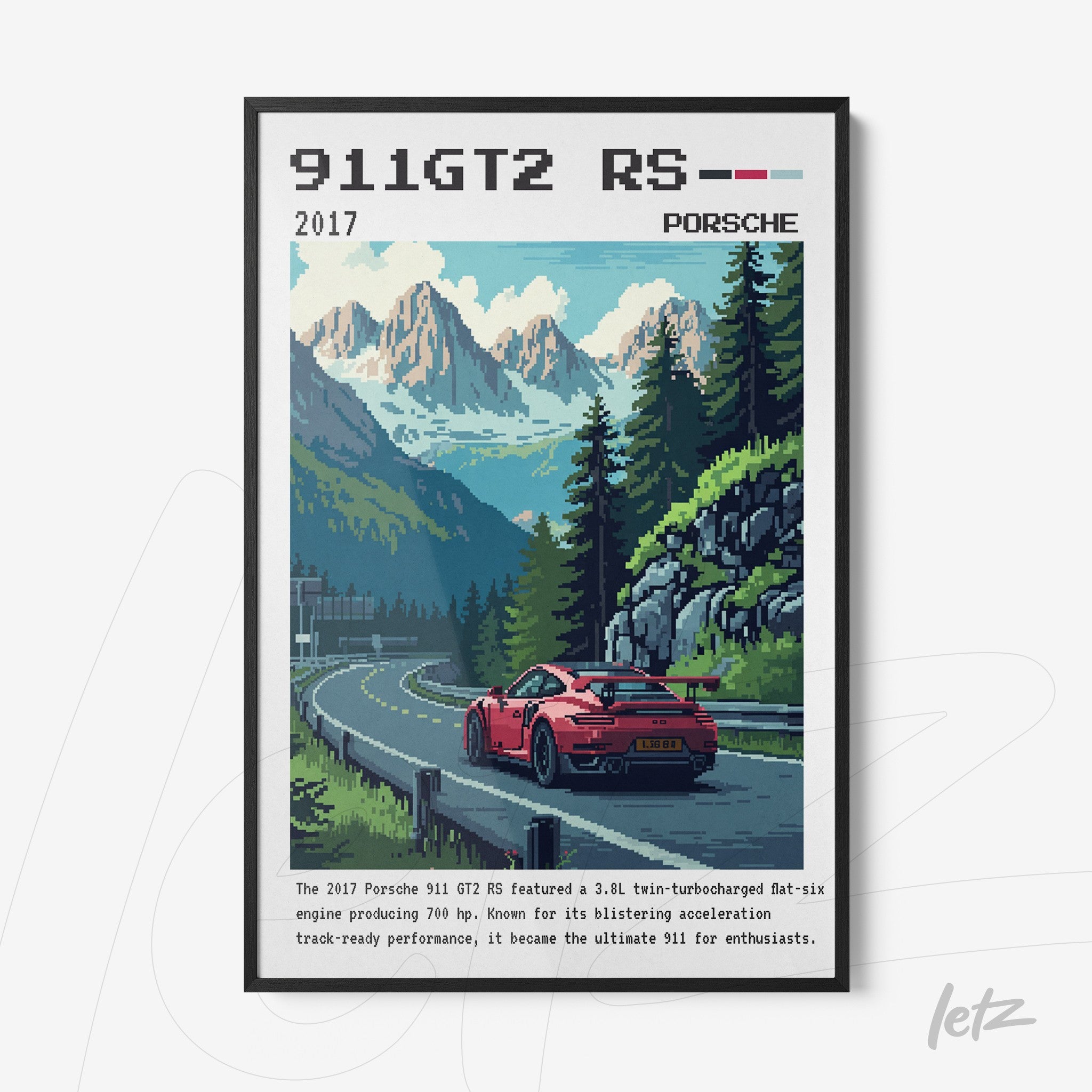 quadro em estilo pixel art retratando um Porsche 911 GT2 RS vermelho em uma estrada montanhosa com fundo de montanhas