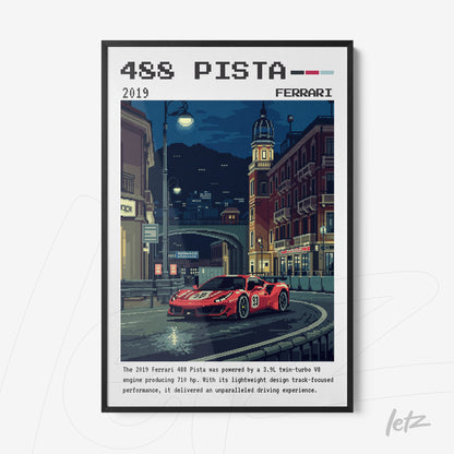 quadro com ilustração em pixel art do carro Ferrari 488 Pista em tom vermelho, exibido em moldura preta com um fundo urbano à noite