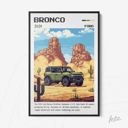 quadro com arte digital de um Ford Bronco verde em estilo pixelado sobre fundo desértico