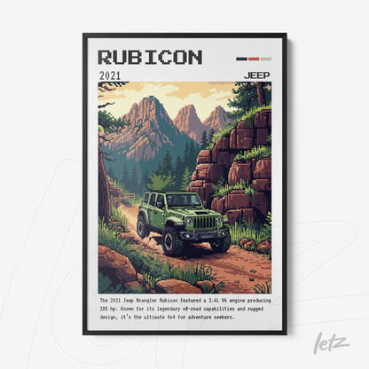 quadro decorativo com arte pixelada de um jeep rubicon verde em meio a montanhas, moldura preta