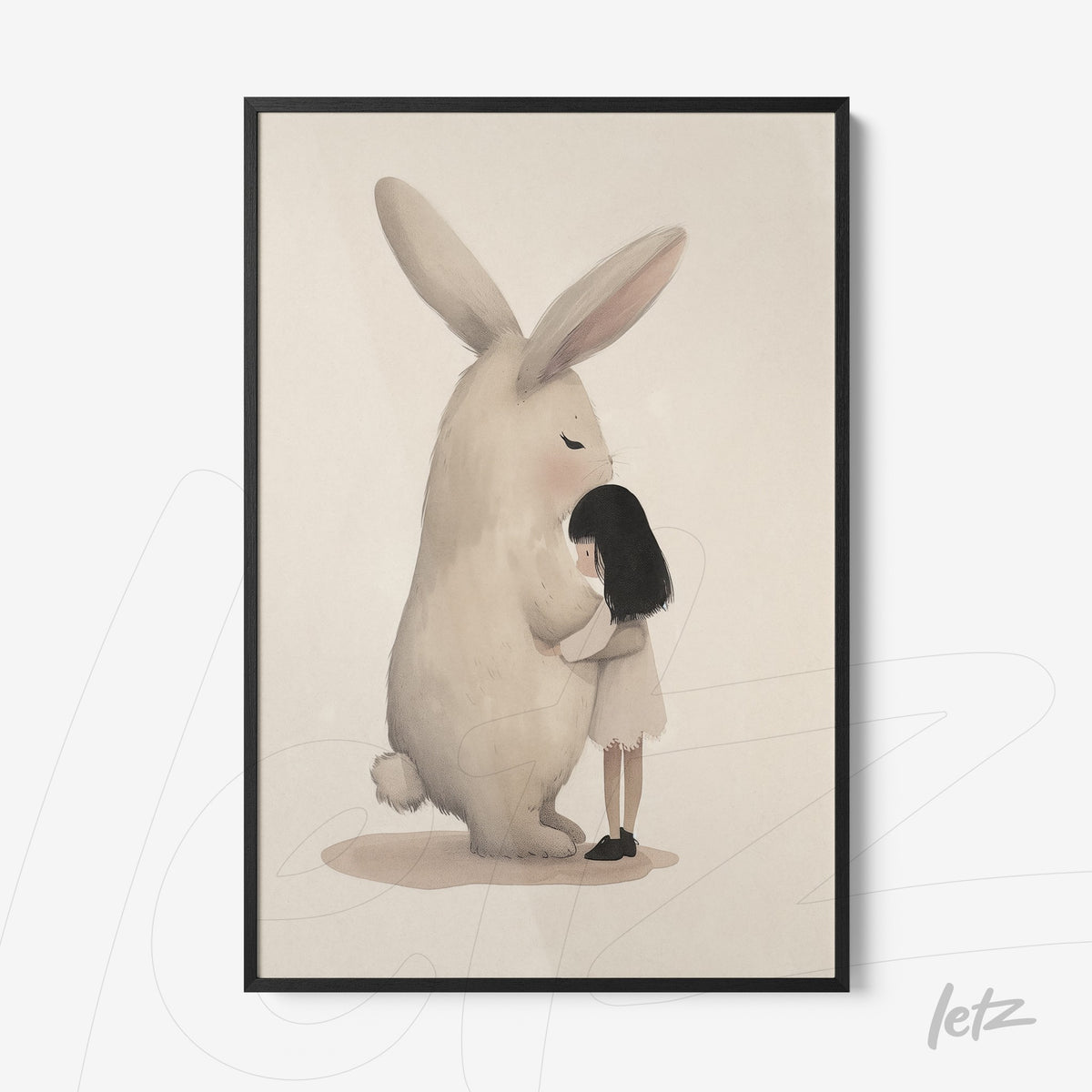 quadro com ilustração de uma menina abraçando um coelho gigante em moldura preta