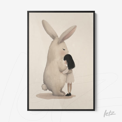 quadro com ilustração de uma menina abraçando um coelho gigante em moldura preta