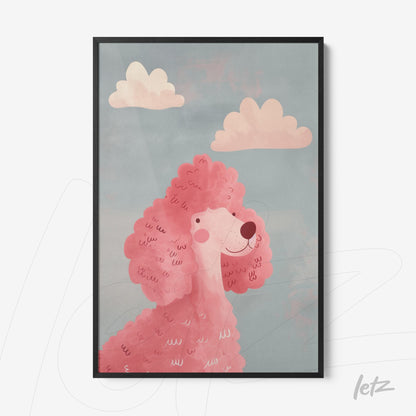 quadro com ilustração de um poodle rosa sob um céu azul com nuvens claras em moldura preta