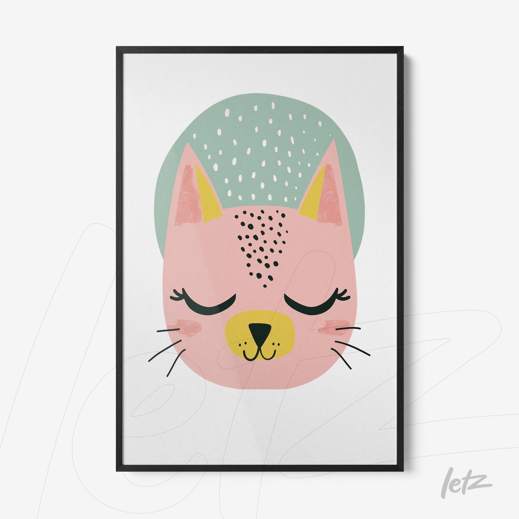 quadro com ilustração de gato em tons rosa e verde, com moldura preta