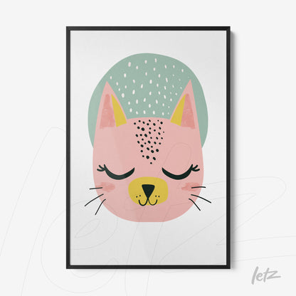 quadro com ilustração de gato em tons rosa e verde, com moldura preta