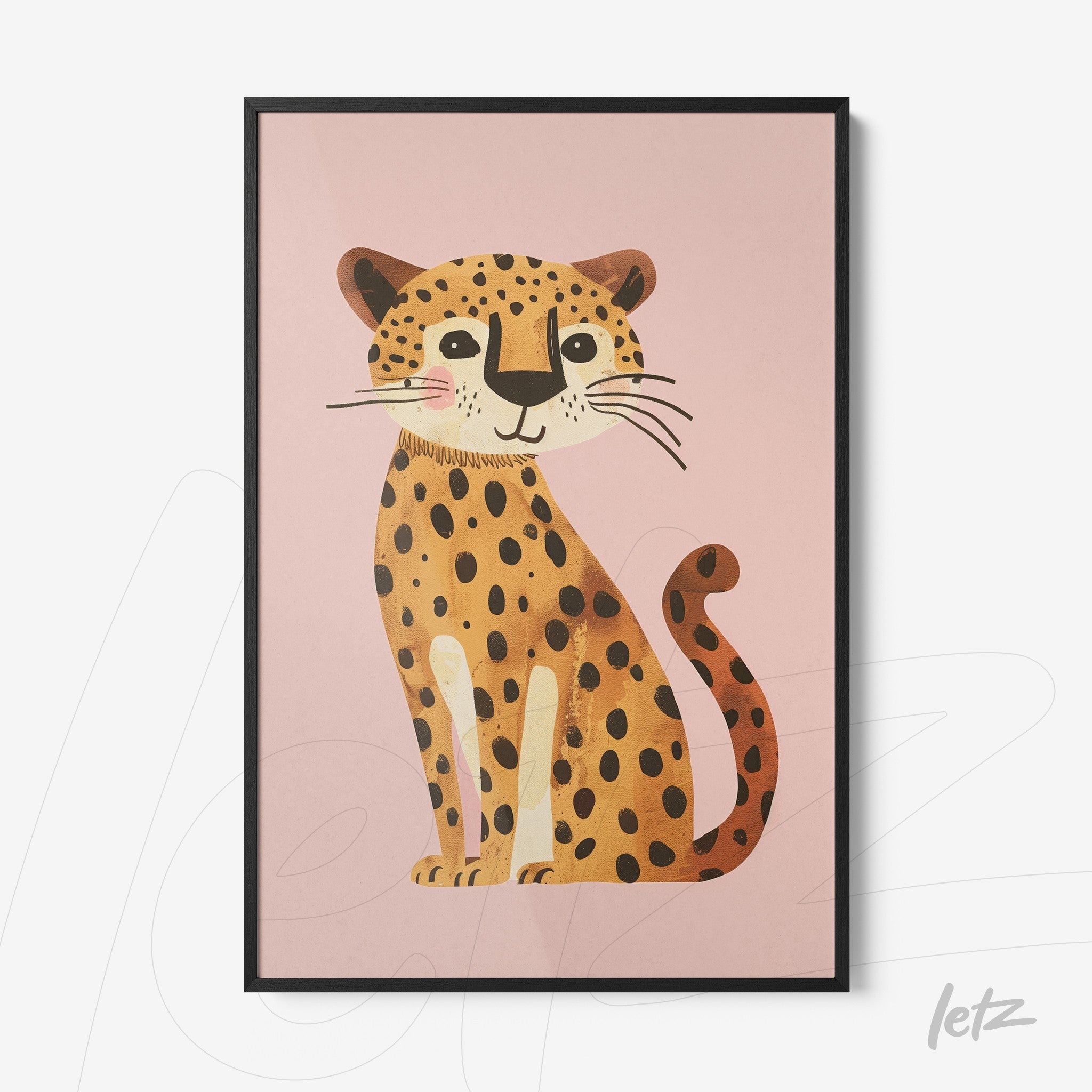 quadro com ilustração de um jaguar sorridente em fundo rosa, com moldura preta