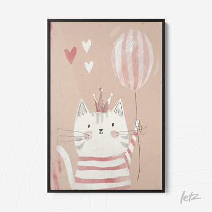 quadro com ilustração de gato divertido segurando balão em fundo rosa claro e moldura preta