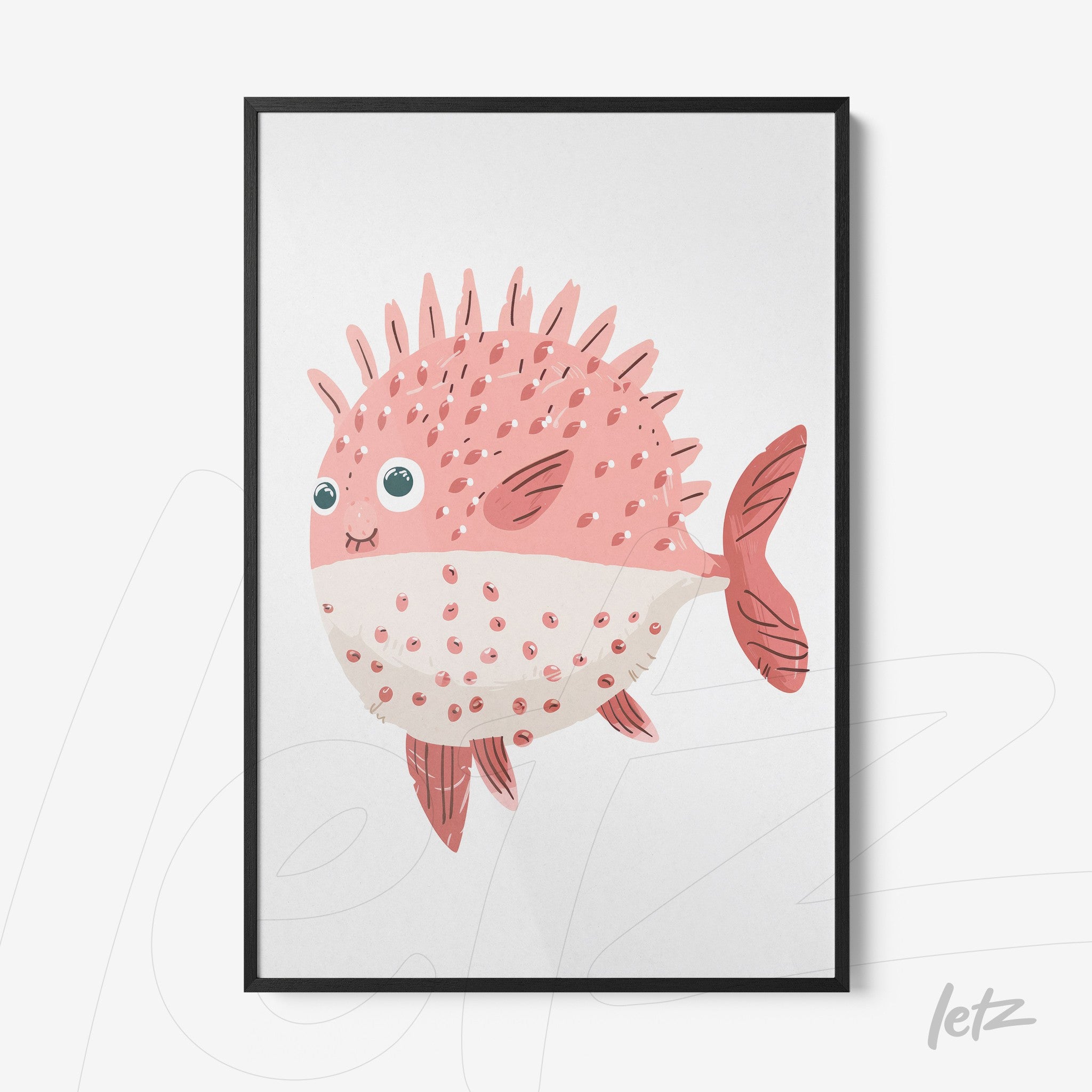 quadro com arte digital de um peixe-pica-pau rosa em moldura preta