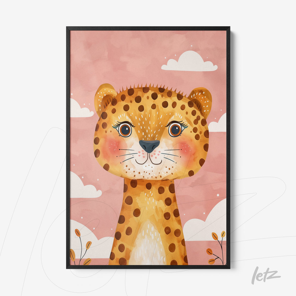 quadro com ilustração de leopardo estilizado em fundo rosa com nuvens brancas e elementos de flora