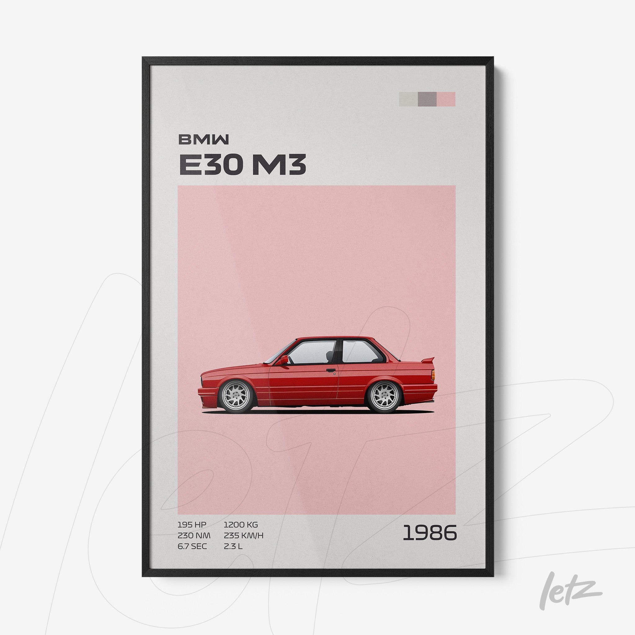 quadro com ilustração minimalista do carro BMW E30 M3 em moldura preta