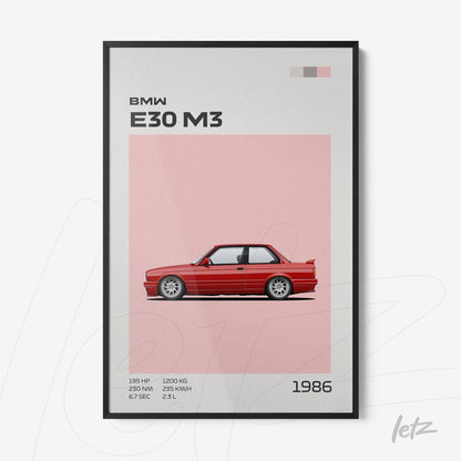 quadro com ilustração minimalista do carro BMW E30 M3 em moldura preta