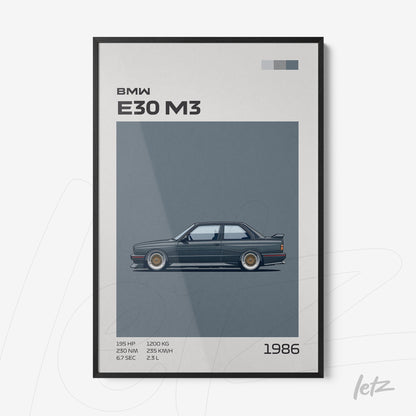 quadro com ilustração do carro BMW E30 M3 em fundo azul e moldura preta