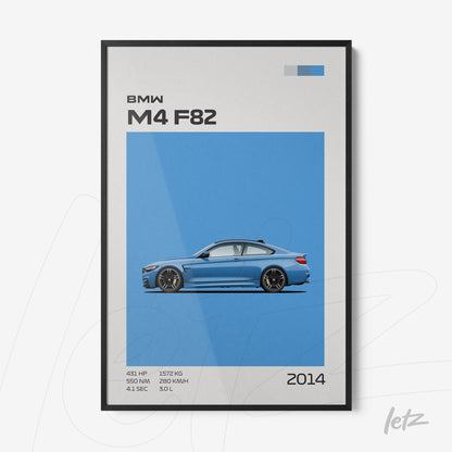 quadro com arte gráfica do carro BMW M4 F82 em fundo azul com moldura preta