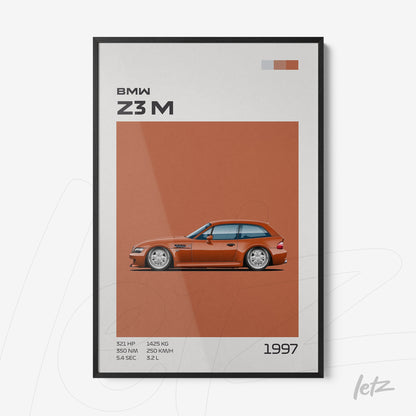 quadro com arte minimalista do carro BMW Z3M em moldura preta com fundo laranja