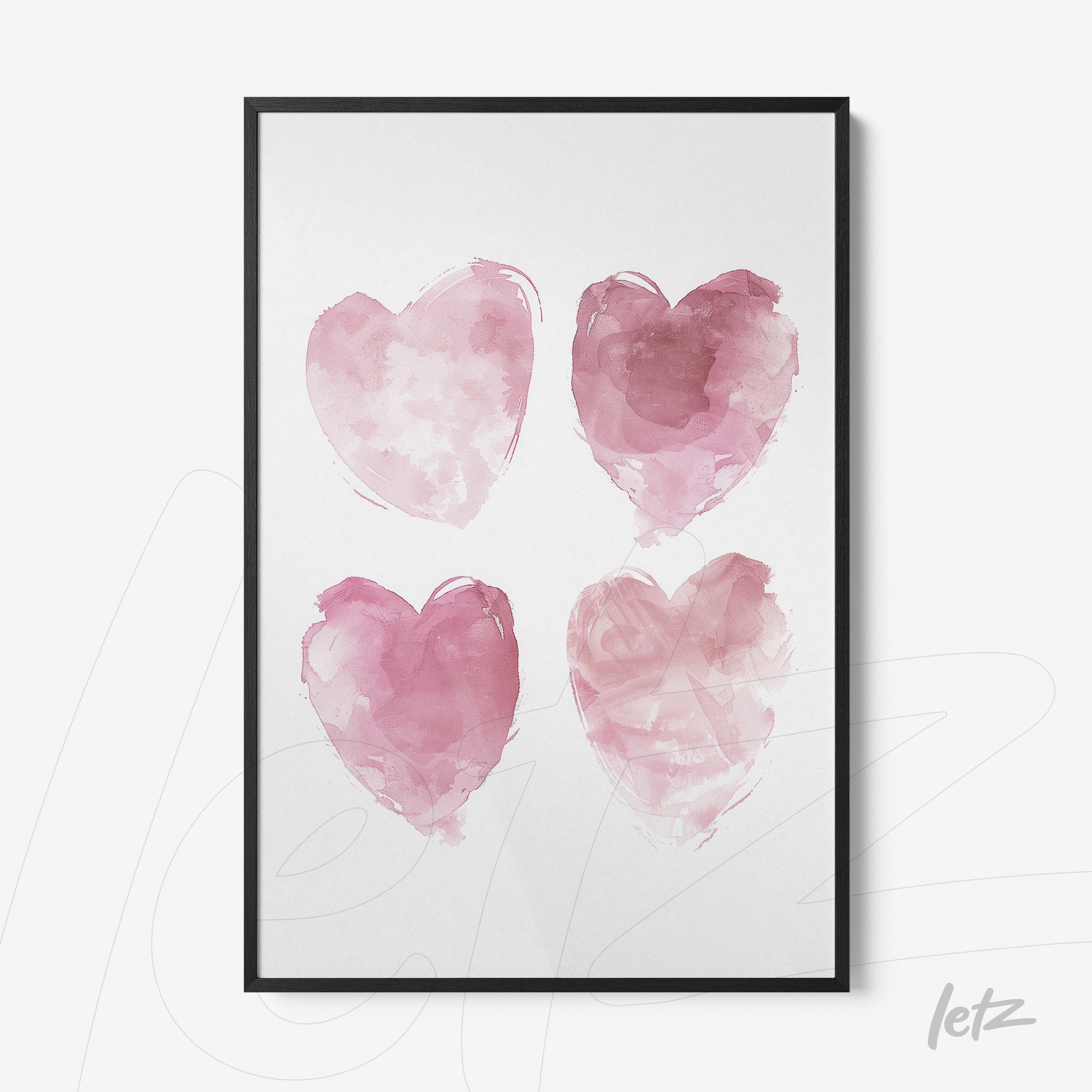 quadro com quatro corações em aquarela pink em moldura preta
