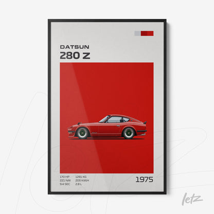 quadro com arte digital do carro Datsun 280 Z em fundo vermelho e moldura preta