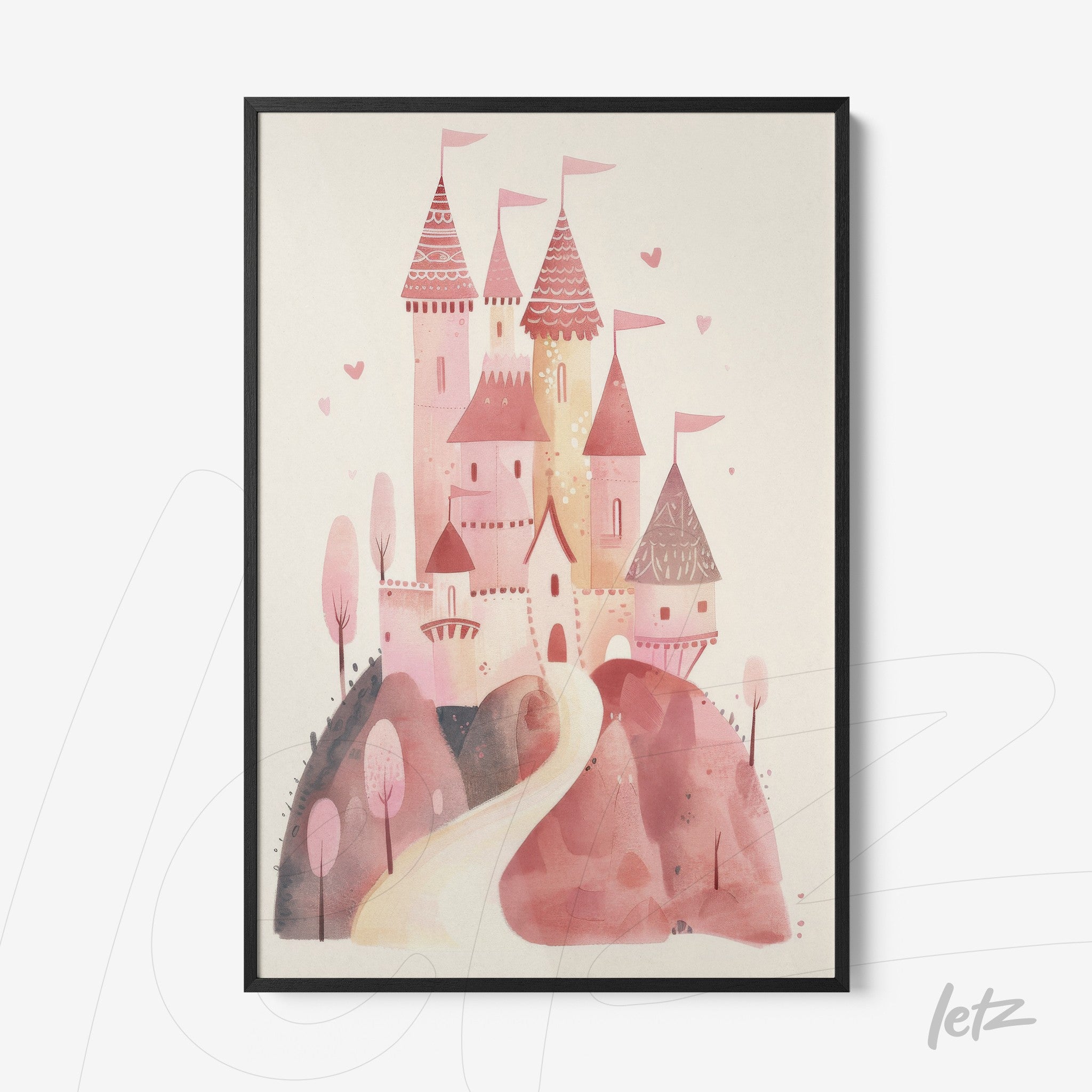 quadro com ilustração de castelo rosa em um fundo suave, cercado por árvores e colinas, emoldurado com moldura preta