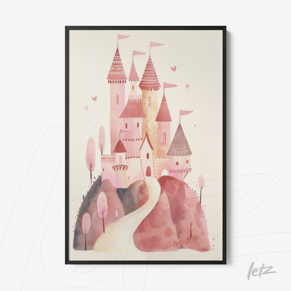 quadro com ilustração de castelo rosa em um fundo suave, cercado por árvores e colinas, emoldurado com moldura preta
