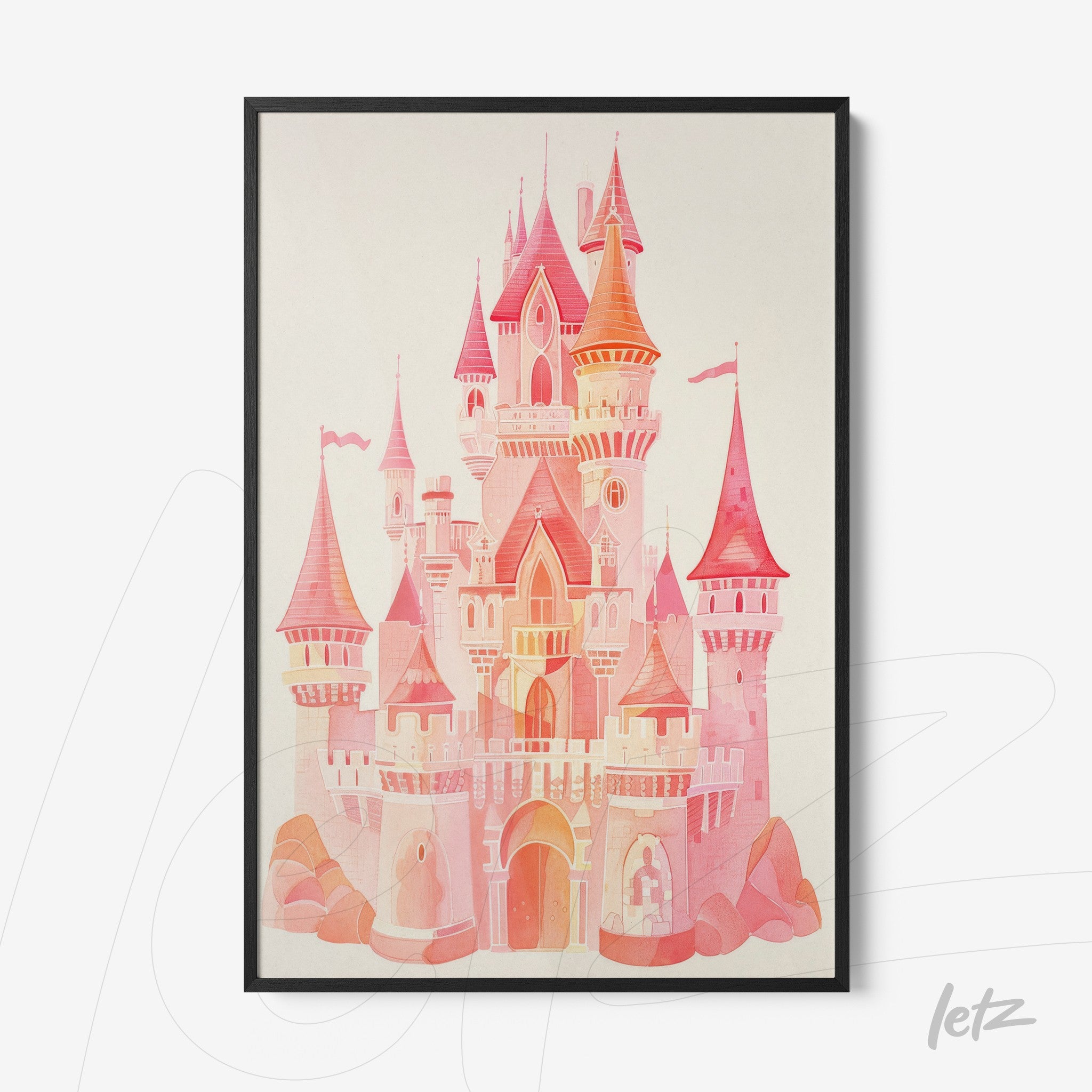 quadro com castelo rosa em estilo minimalista, moldura preta e fundo neutro