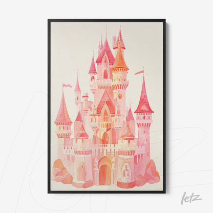 quadro com castelo rosa em estilo minimalista, moldura preta e fundo neutro